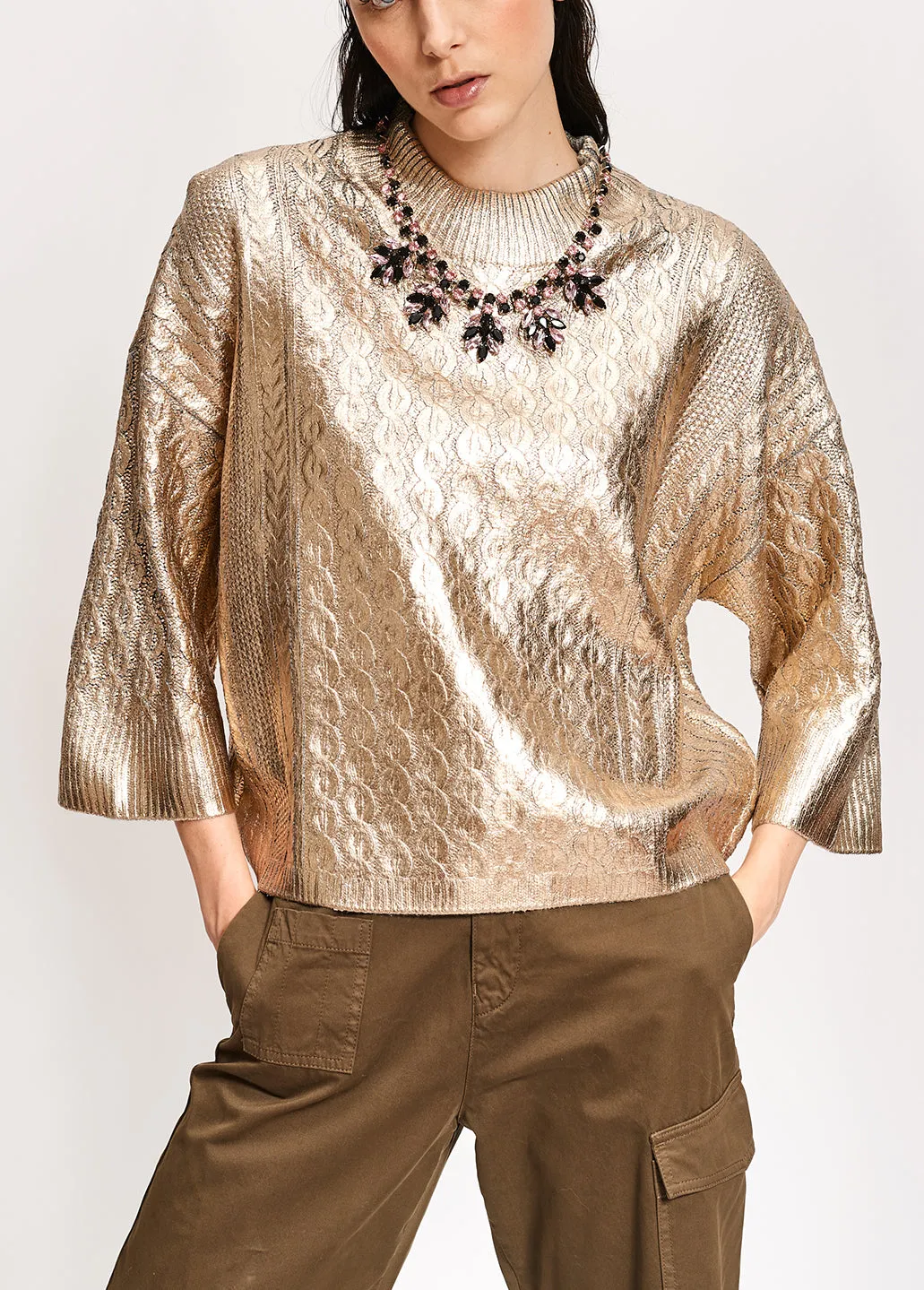 Gold metallic cable-knit sweater