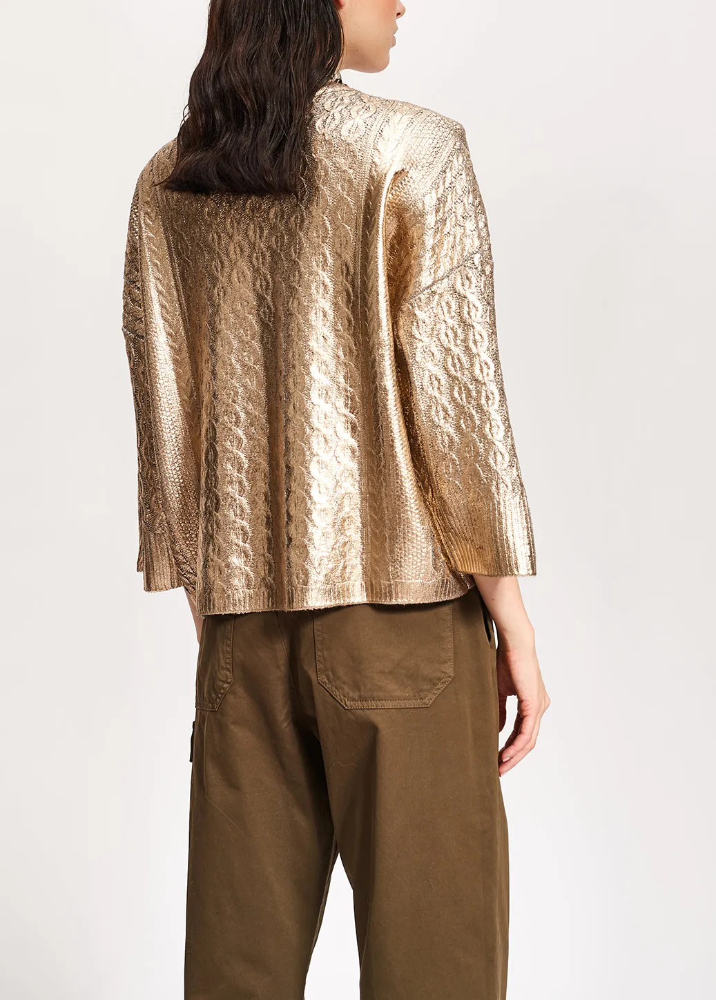 Gold metallic cable-knit sweater