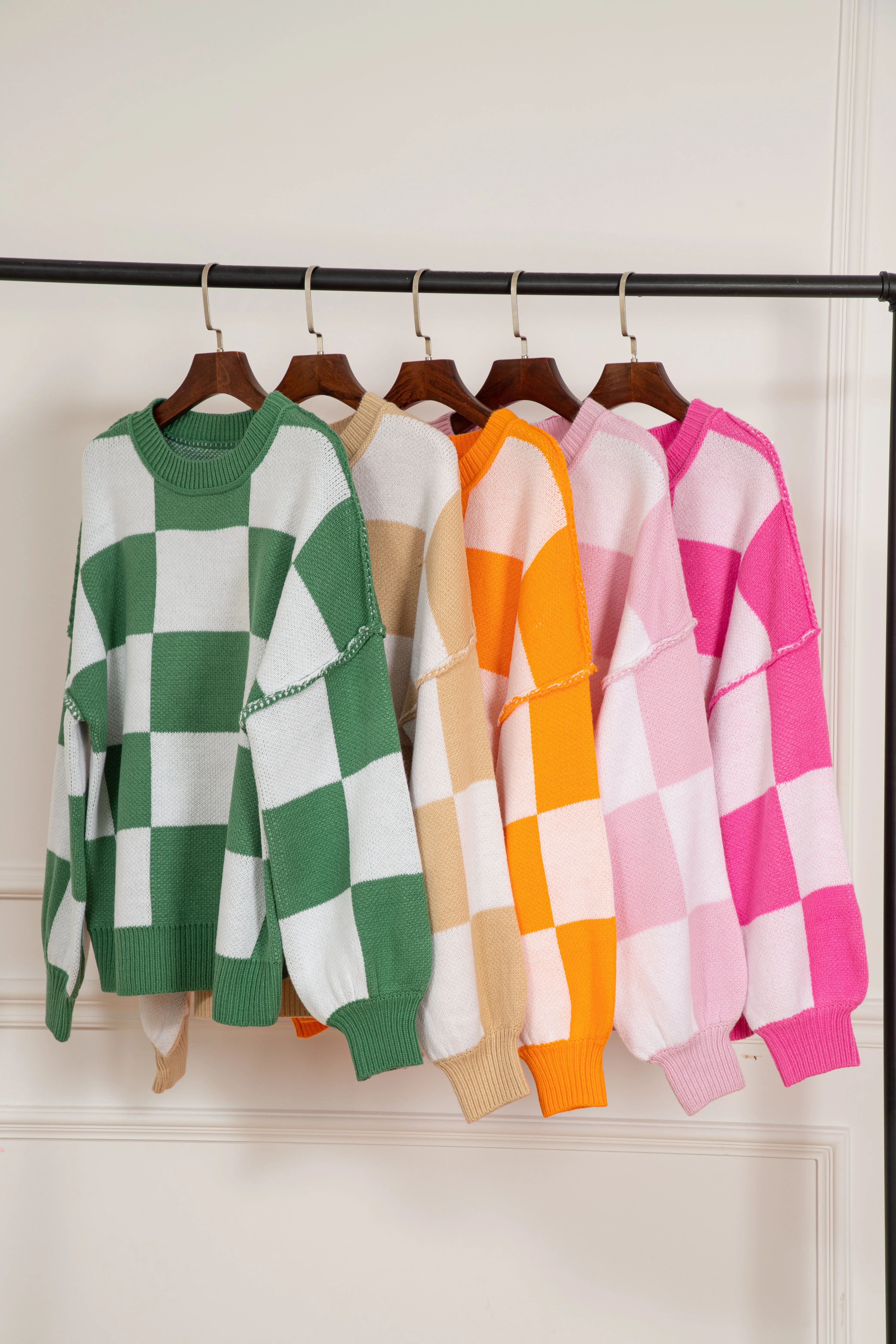 Gray Checkered Bishop Sleeve Sweater