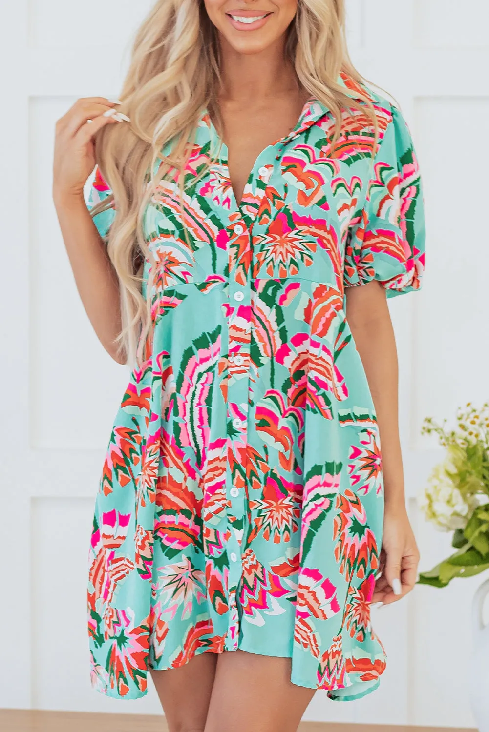 Green Abstract Print Lace-up High Waist Buttoned Mini Dress