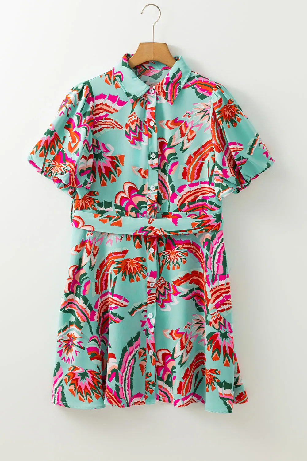 Green Abstract Print Lace-up High Waist Buttoned Mini Dress