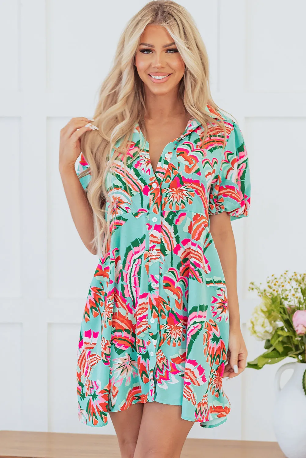 Green Abstract Print Lace-up High Waist Buttoned Mini Dress