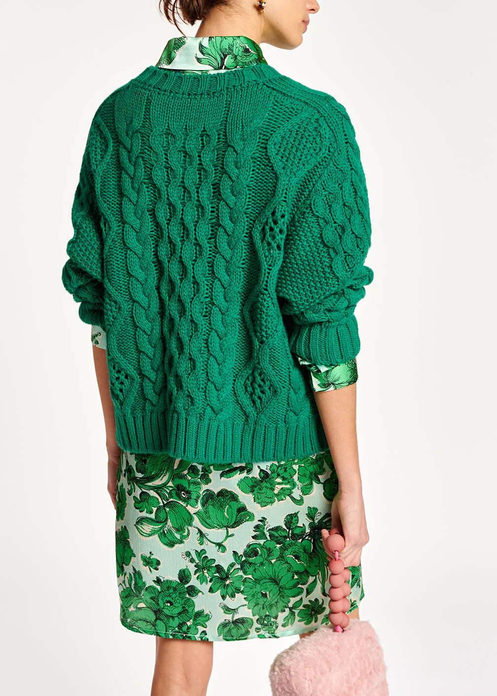 Green cable-knit wool-blend sweater