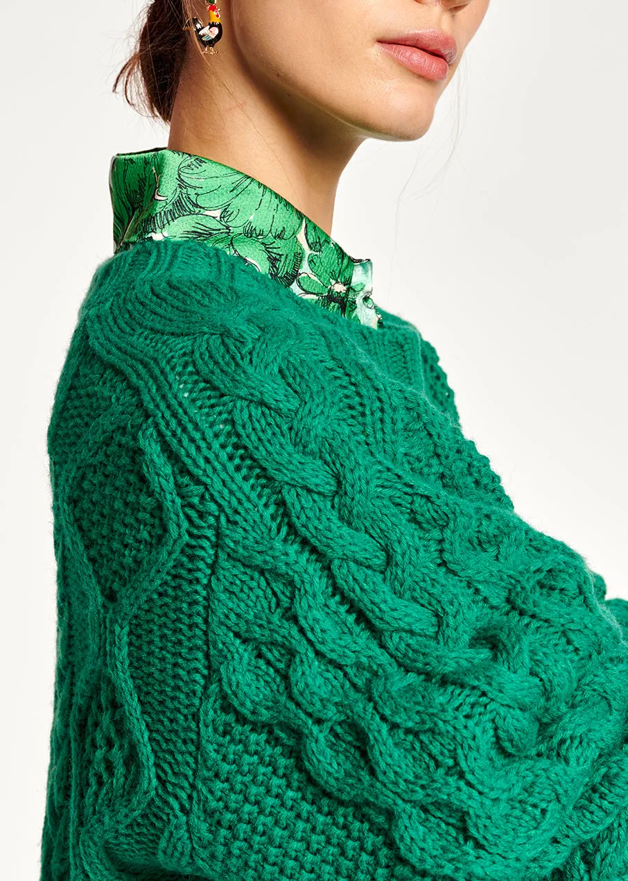 Green cable-knit wool-blend sweater