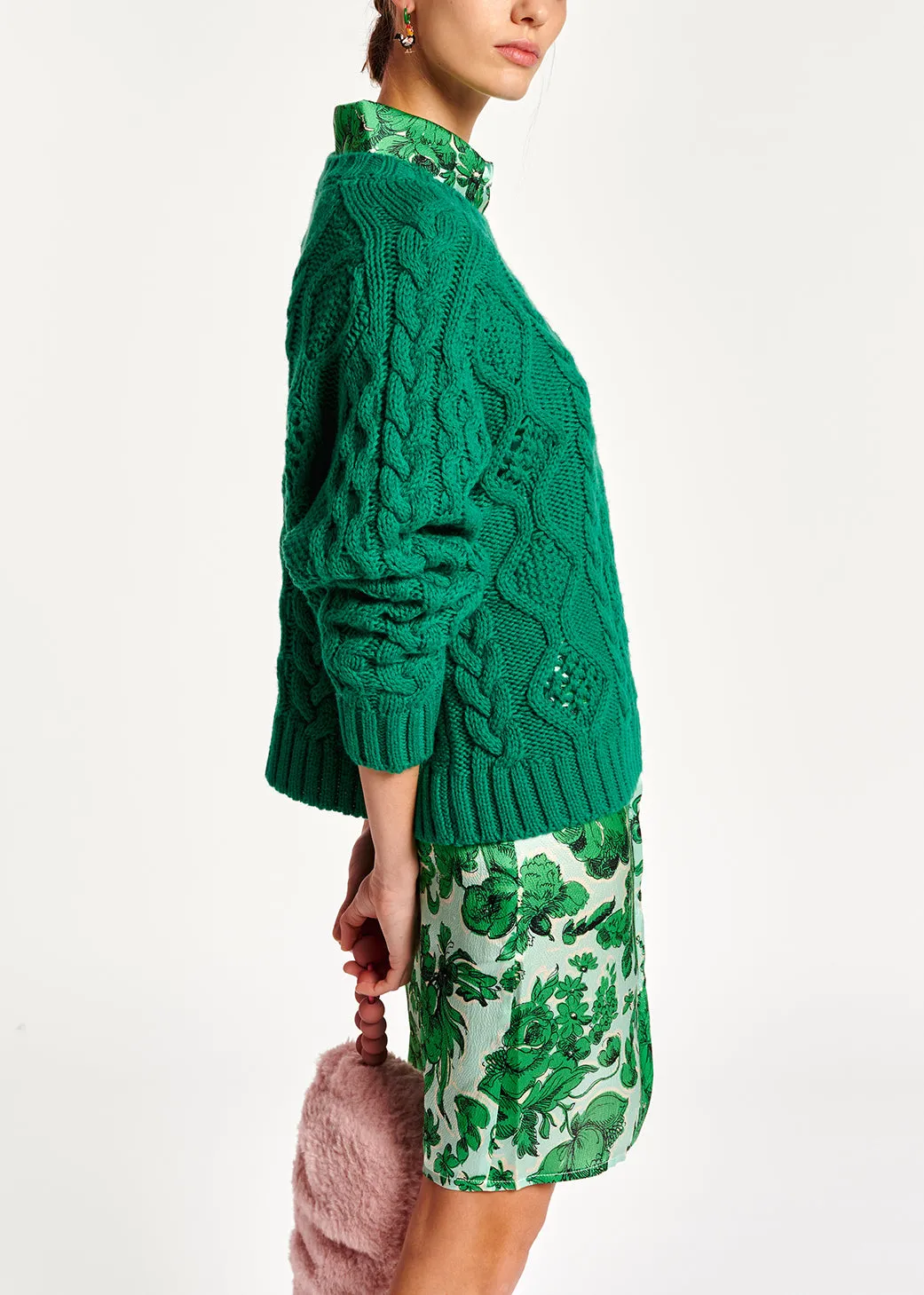 Green cable-knit wool-blend sweater