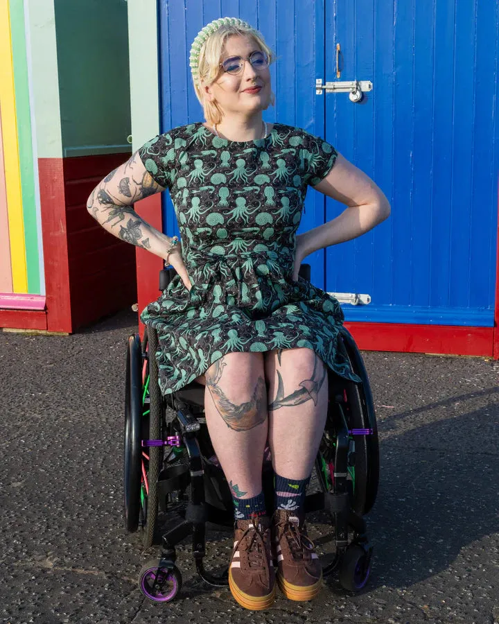 Green Seas Stretch Belted Tea Dress with Pockets