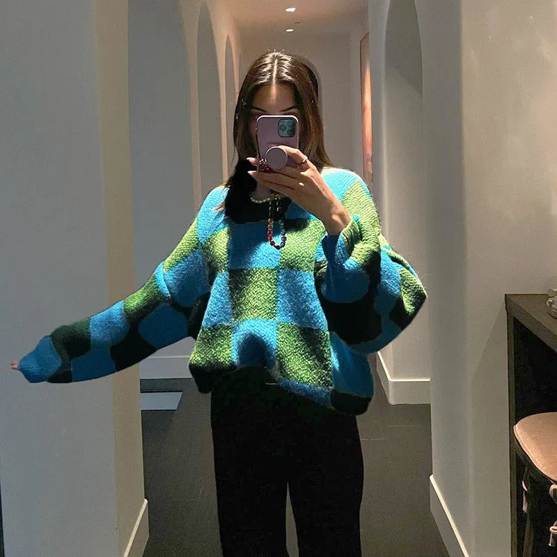 Green Stitching Plaid Pullover Sweater ER5839