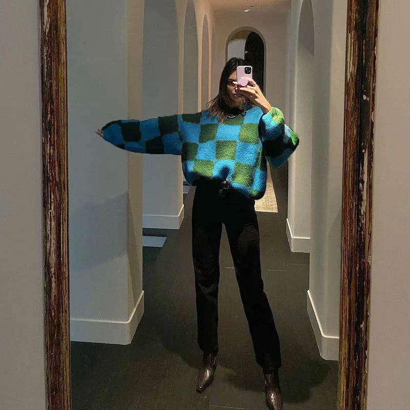 Green Stitching Plaid Pullover Sweater ER5839