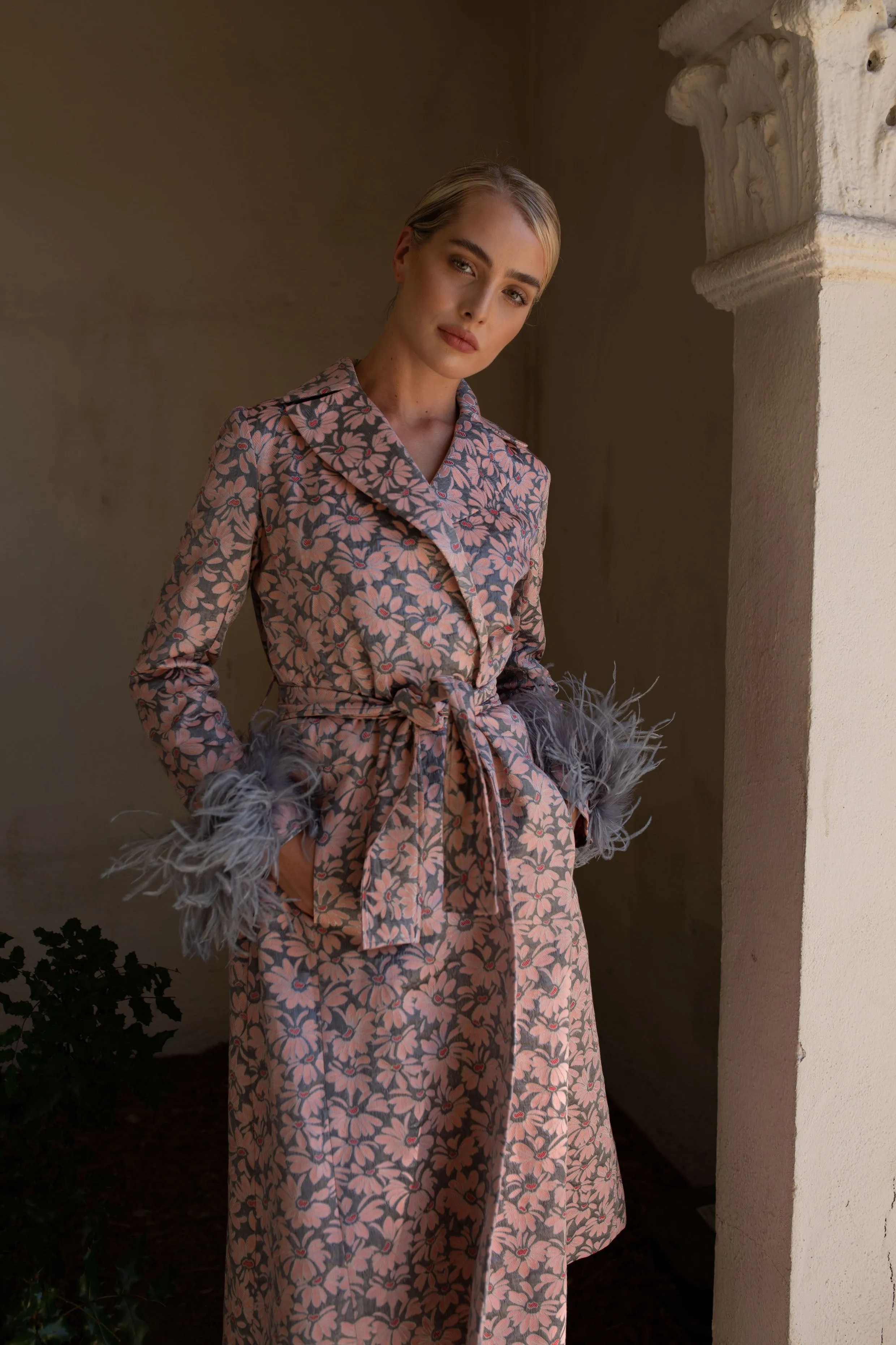 Grey Jacqueline Coat №22 With Detachable Feathers Cuffs
