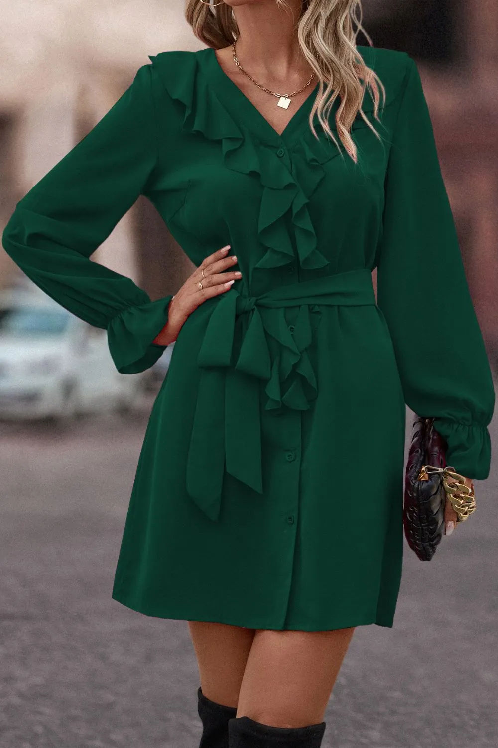 Greyson Ruffled Flounce Sleeve V-Neck Belted Dress