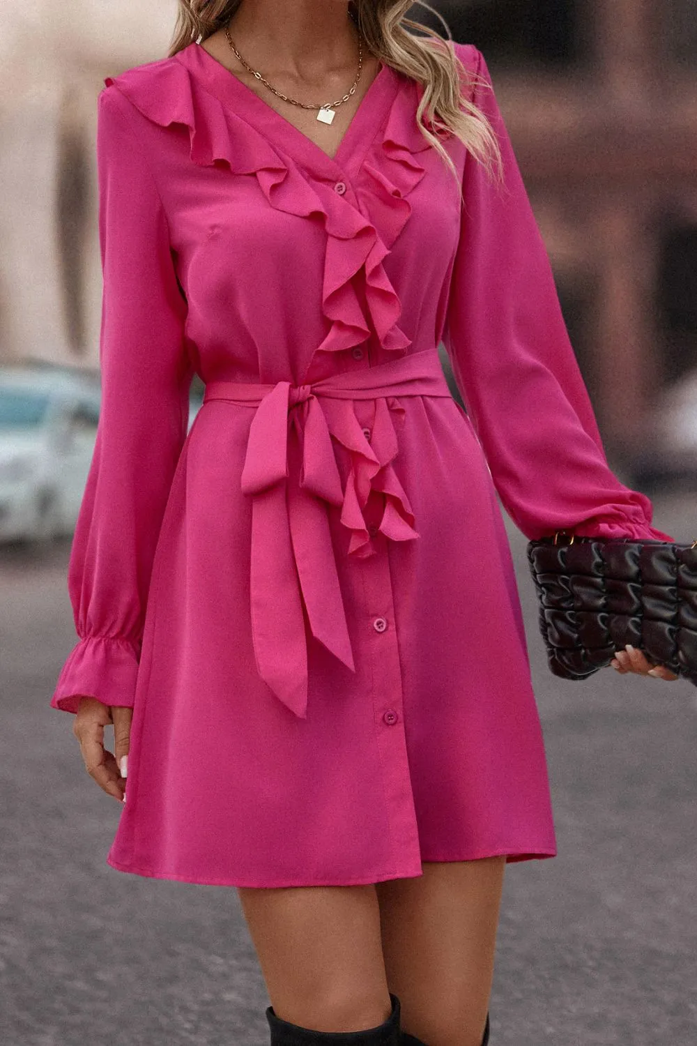 Greyson Ruffled Flounce Sleeve V-Neck Belted Dress