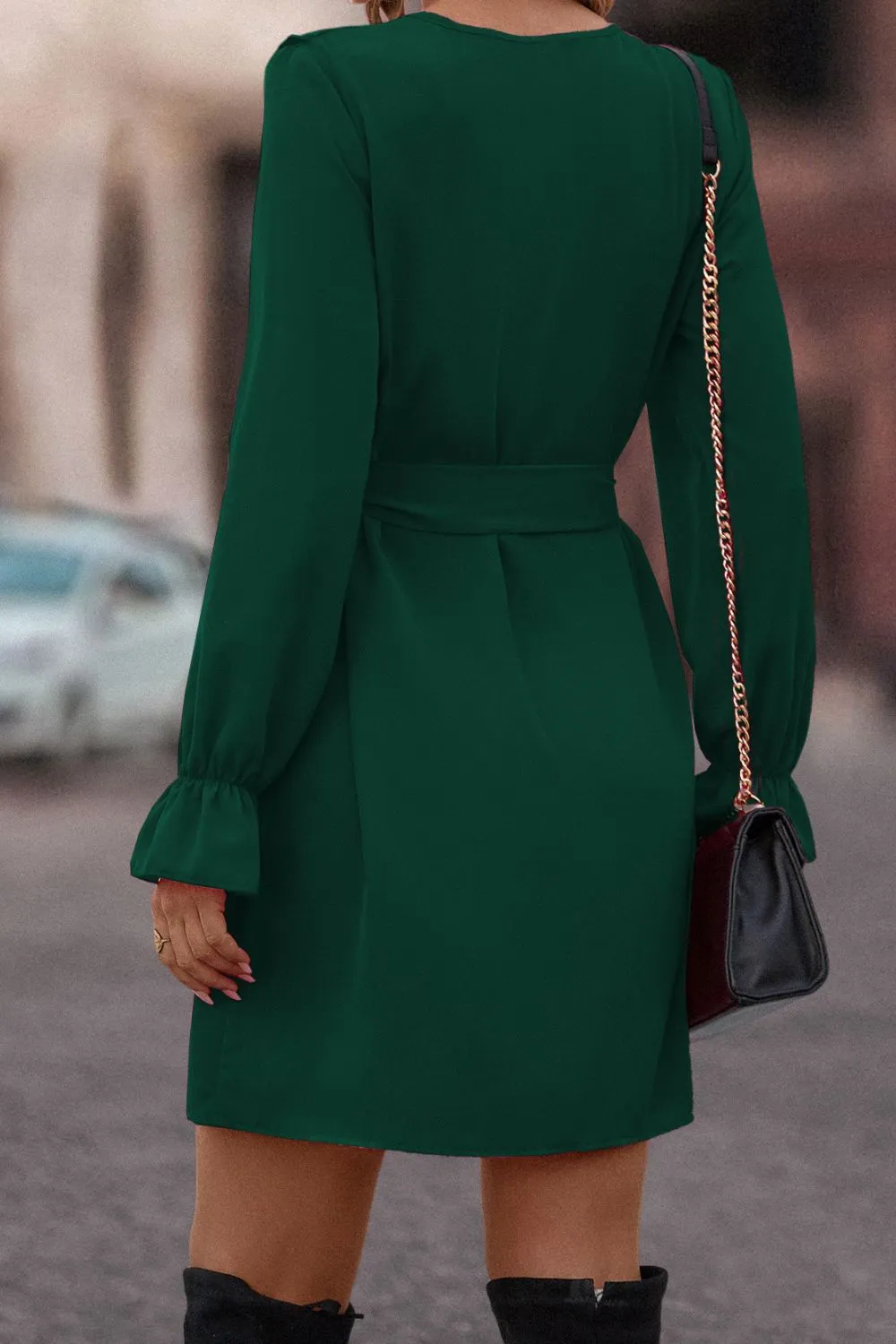 Greyson Ruffled Flounce Sleeve V-Neck Belted Dress