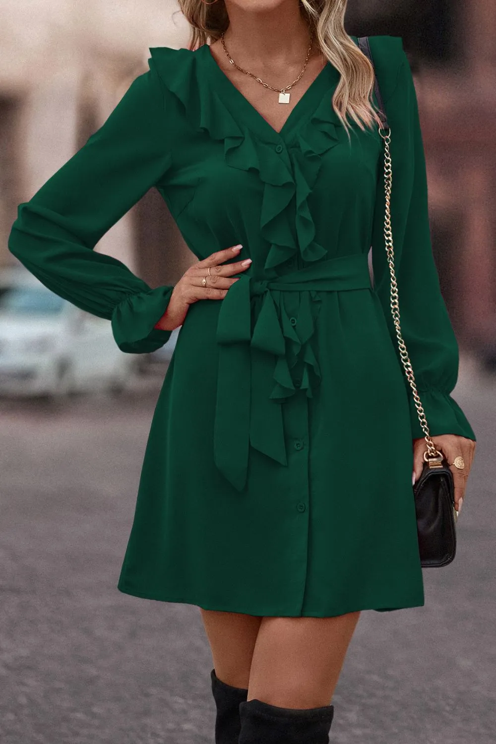 Greyson Ruffled Flounce Sleeve V-Neck Belted Dress