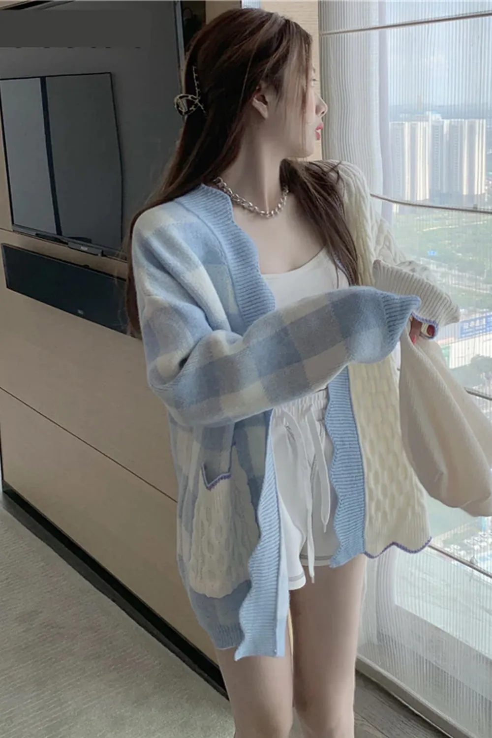 Half Plaid Elegant Cardigan Sweater