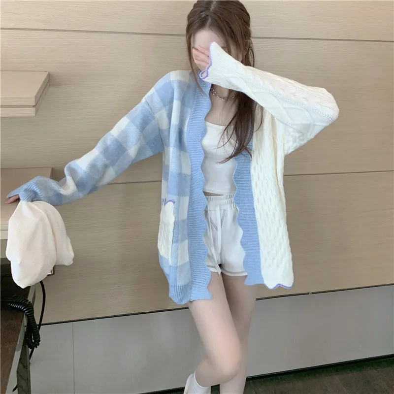 Half Plaid Elegant Cardigan Sweater