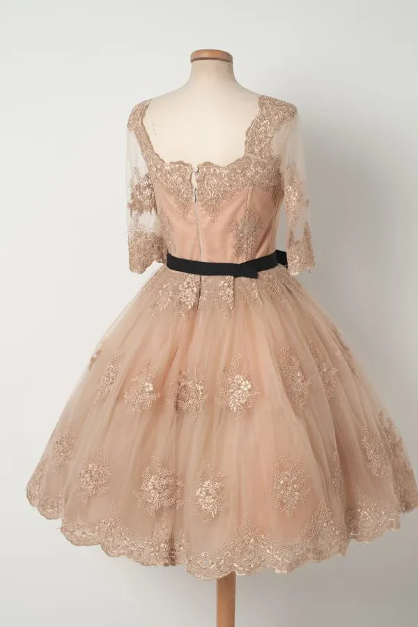 Half Sleeves Tulle Applique Lovely Affordable Short Homecoming Dresses, BG51603