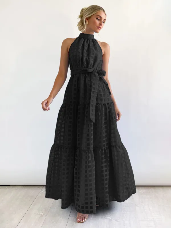 Halter Neck Maxi Dress with Geometric Print and Tiered Skirt