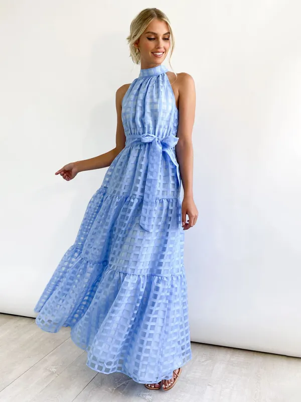 Halter Neck Maxi Dress with Geometric Print and Tiered Skirt
