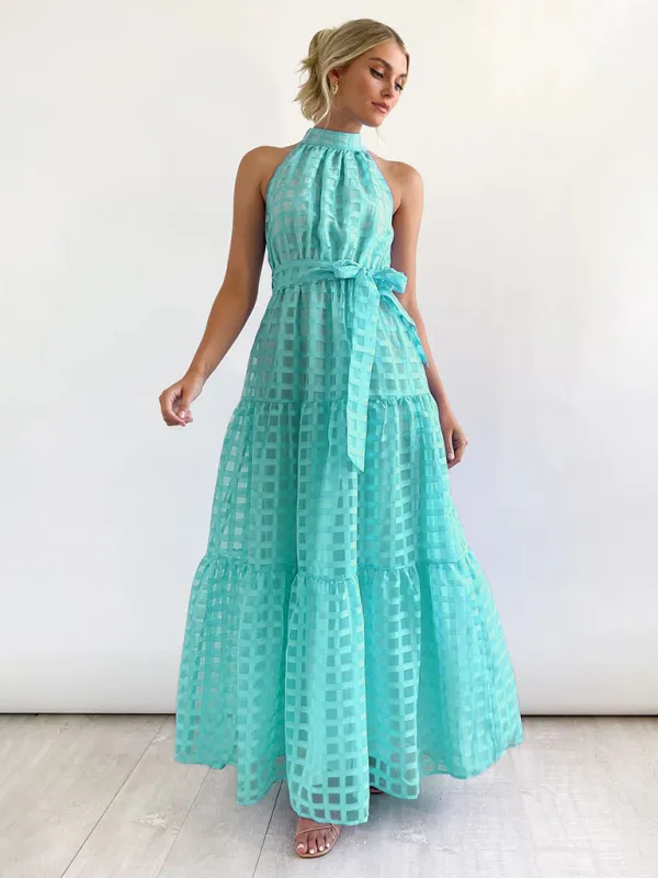 Halter Neck Maxi Dress with Geometric Print and Tiered Skirt