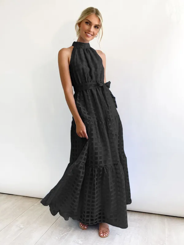 Halter Neck Maxi Dress with Geometric Print and Tiered Skirt