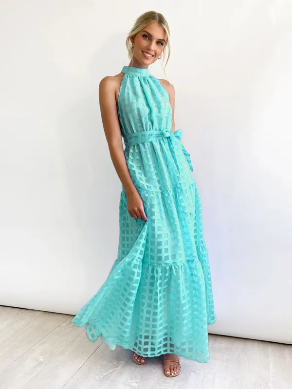 Halter Neck Maxi Dress with Geometric Print and Tiered Skirt