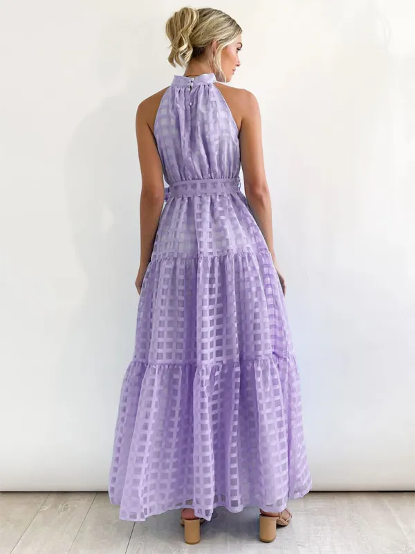 Halter Neck Maxi Dress with Geometric Print and Tiered Skirt