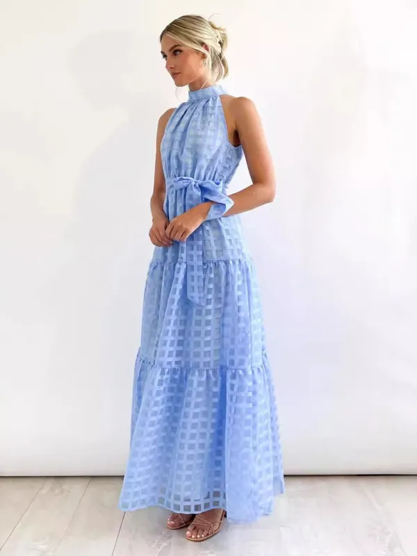 Halter Neck Maxi Dress with Geometric Print and Tiered Skirt