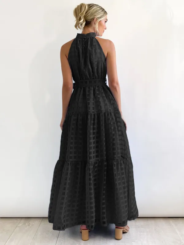 Halter Neck Maxi Dress with Geometric Print and Tiered Skirt