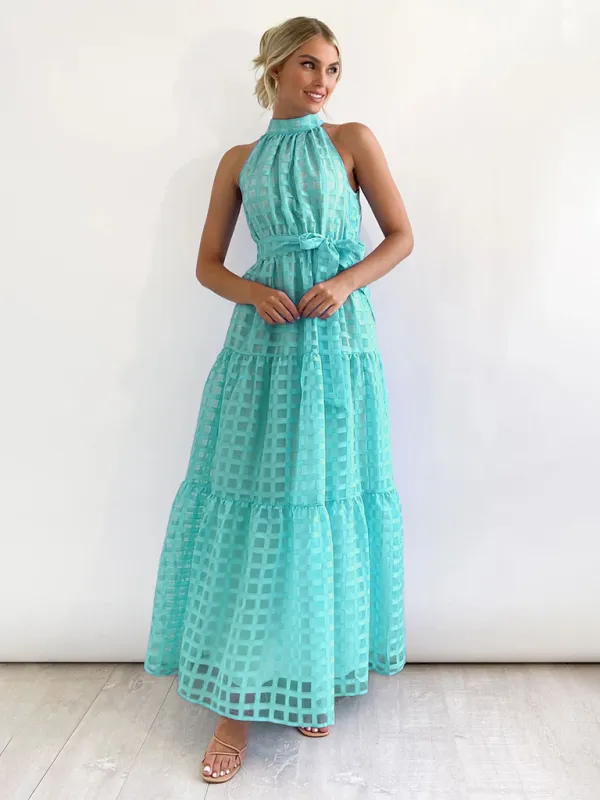 Halter Neck Maxi Dress with Geometric Print and Tiered Skirt