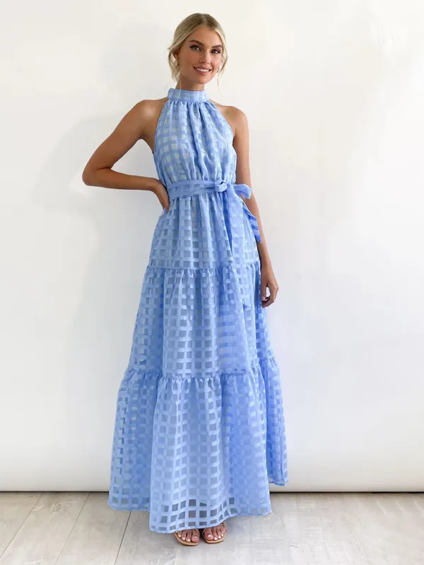 Halter Neck Maxi Dress with Geometric Print and Tiered Skirt