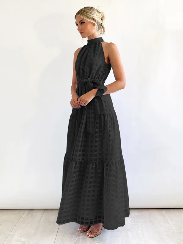 Halter Neck Maxi Dress with Geometric Print and Tiered Skirt