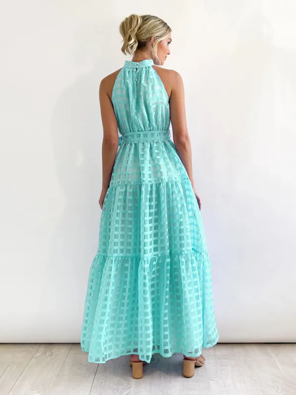Halter Neck Maxi Dress with Geometric Print and Tiered Skirt