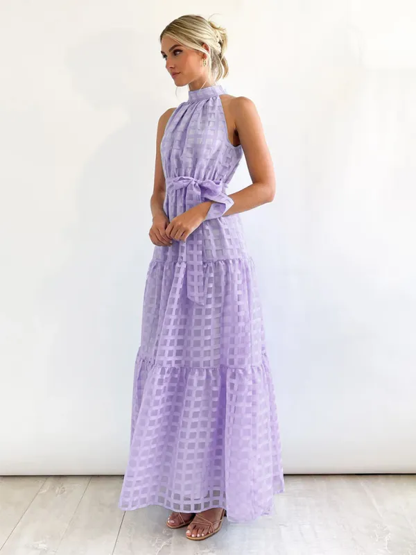 Halter Neck Maxi Dress with Geometric Print and Tiered Skirt
