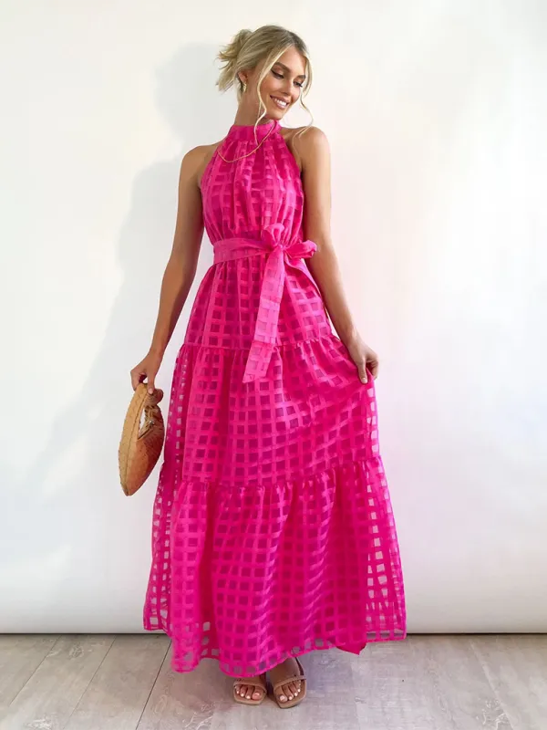 Halter Neck Maxi Dress with Geometric Print and Tiered Skirt