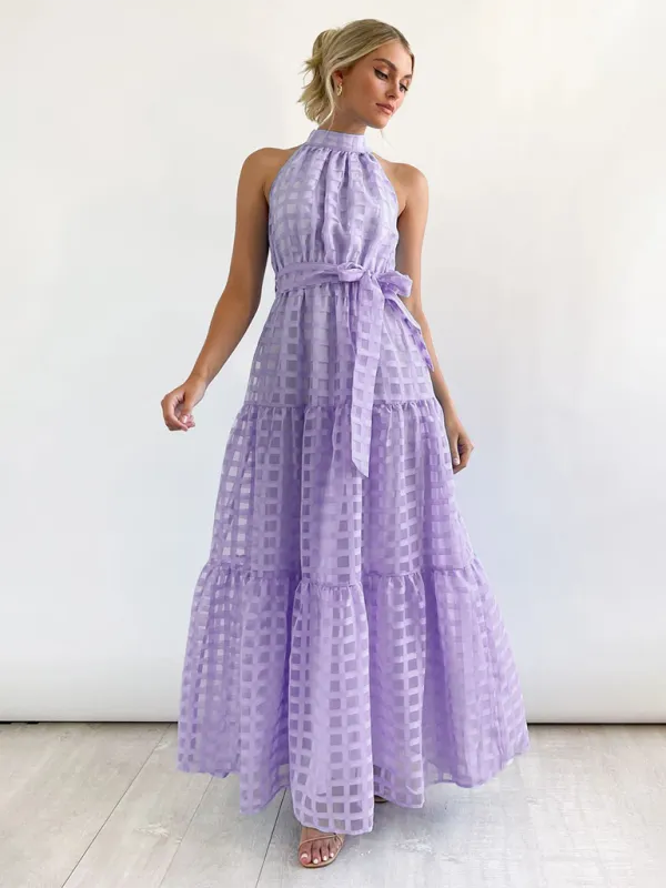 Halter Neck Maxi Dress with Geometric Print and Tiered Skirt