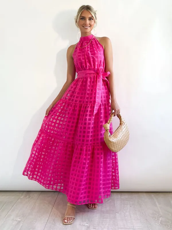 Halter Neck Maxi Dress with Geometric Print and Tiered Skirt