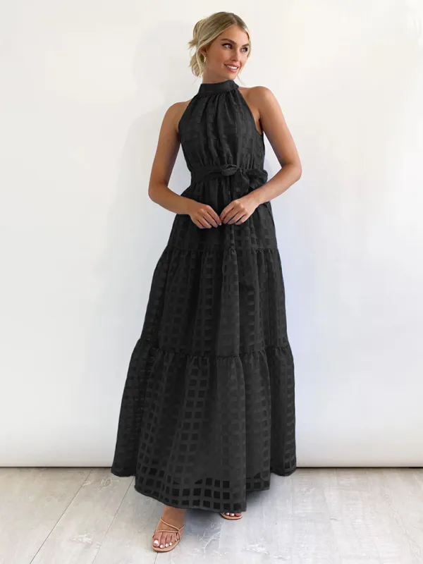 Halter Neck Maxi Dress with Geometric Print and Tiered Skirt