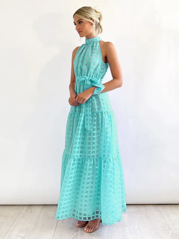 Halter Neck Maxi Dress with Geometric Print and Tiered Skirt
