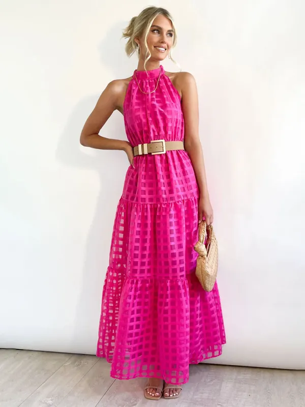 Halter Neck Maxi Dress with Geometric Print and Tiered Skirt
