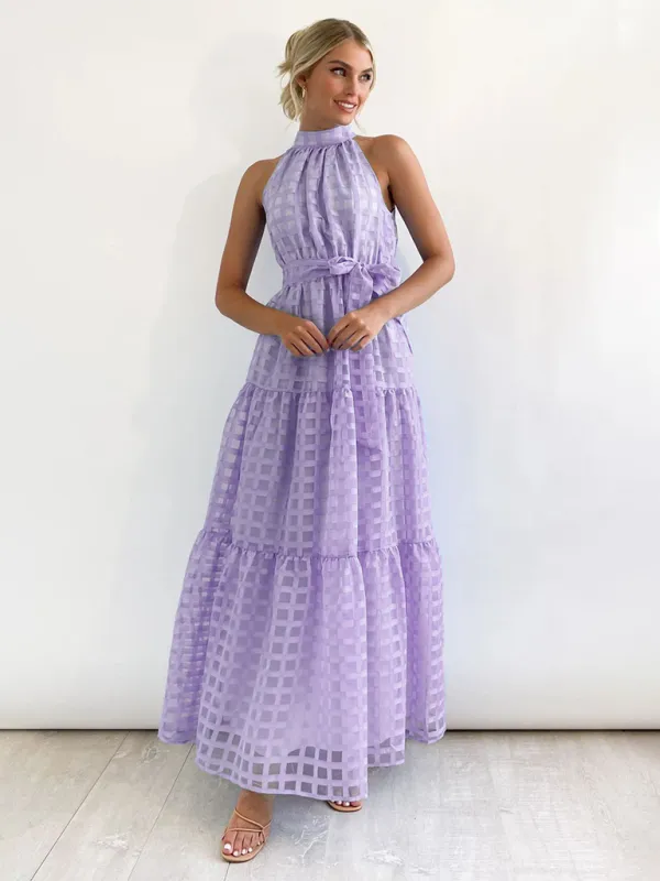 Halter Neck Maxi Dress with Geometric Print and Tiered Skirt
