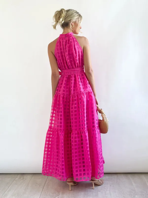Halter Neck Maxi Dress with Geometric Print and Tiered Skirt