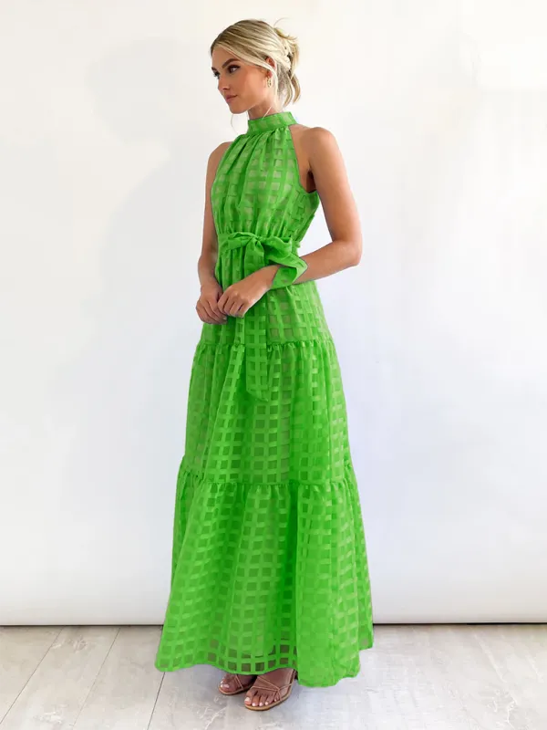 Halter Neck Maxi Dress with Geometric Print and Tiered Skirt