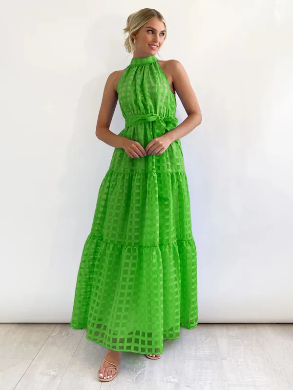 Halter Neck Maxi Dress with Geometric Print and Tiered Skirt