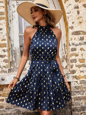 Halterneck Polka Dot Dress with Tiered Skirt and Belted Waist