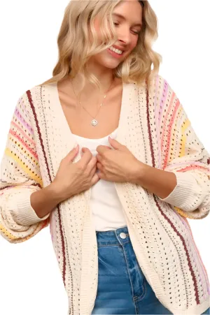 Haptics Striped Crochet Open Front Cardigan