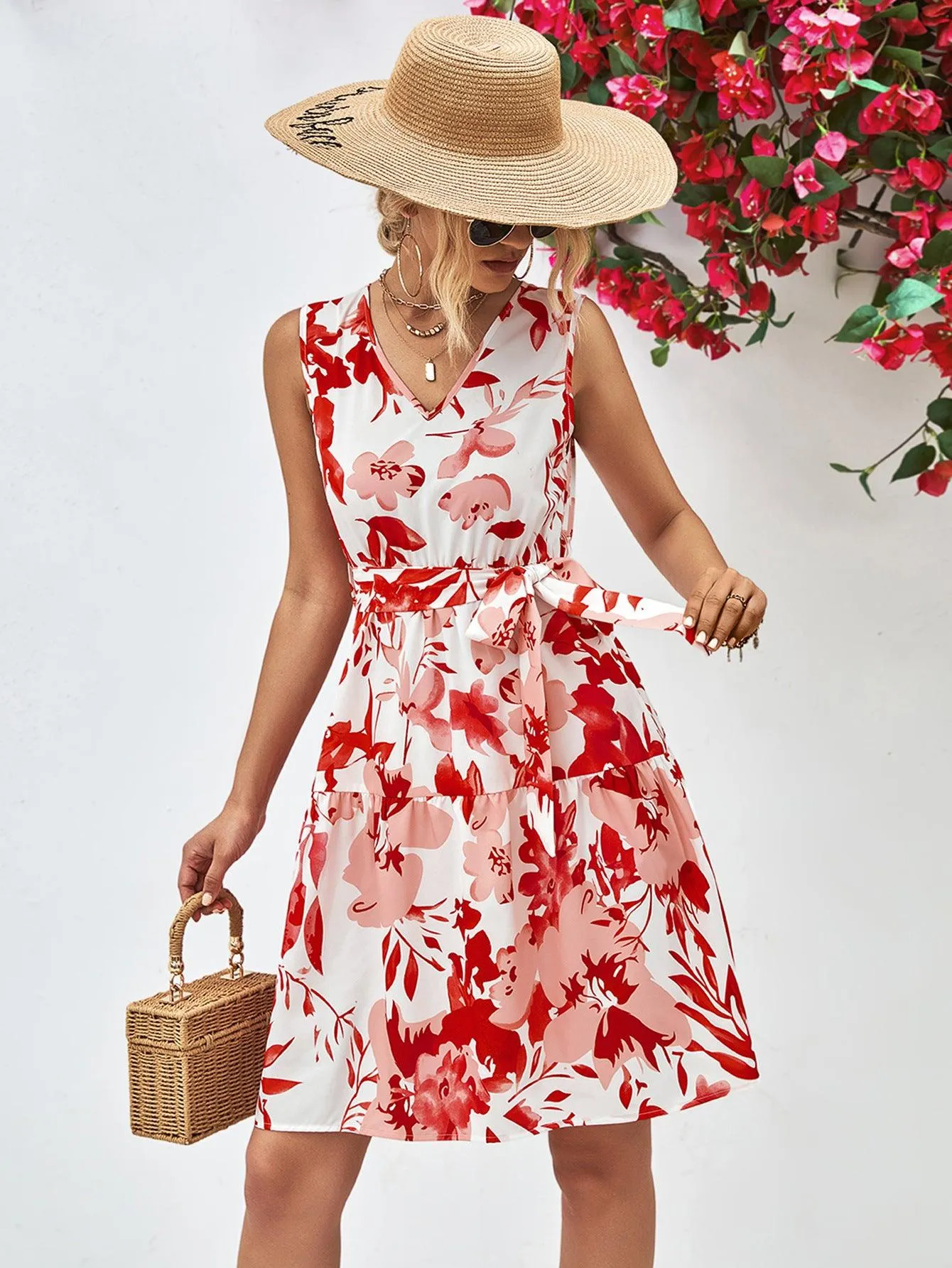 Hazel Blues® |  Floral V-Neck Tie Waist Sleeveless Dress