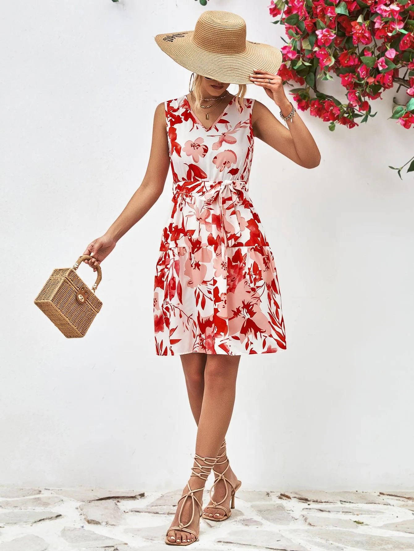 Hazel Blues® |  Floral V-Neck Tie Waist Sleeveless Dress