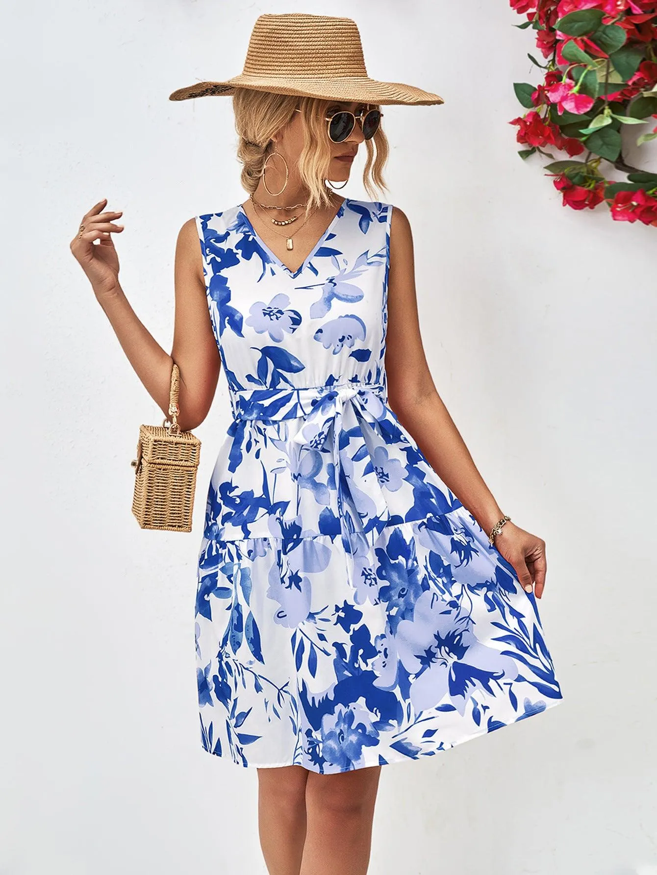 Hazel Blues® |  Floral V-Neck Tie Waist Sleeveless Dress
