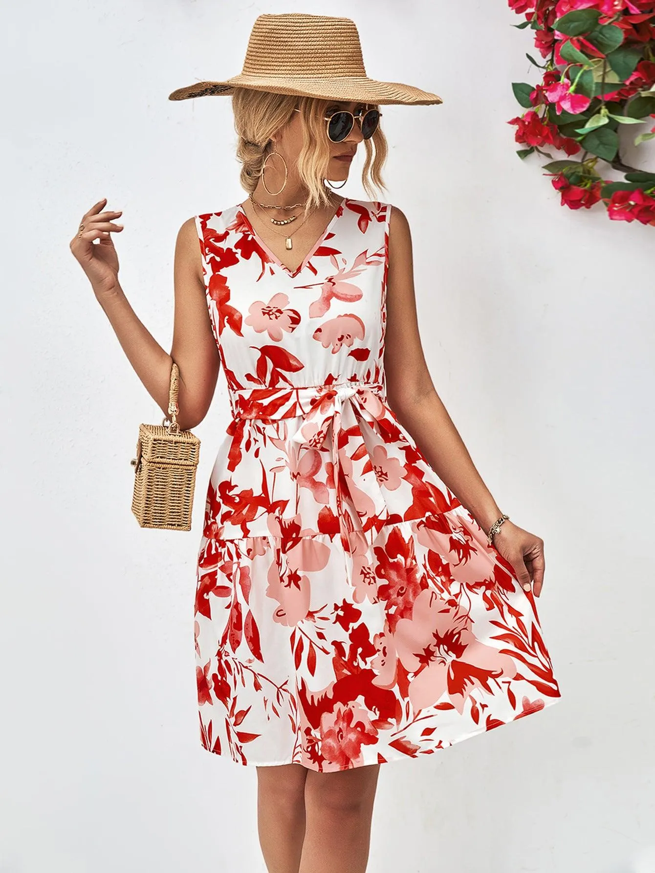 Hazel Blues® |  Floral V-Neck Tie Waist Sleeveless Dress