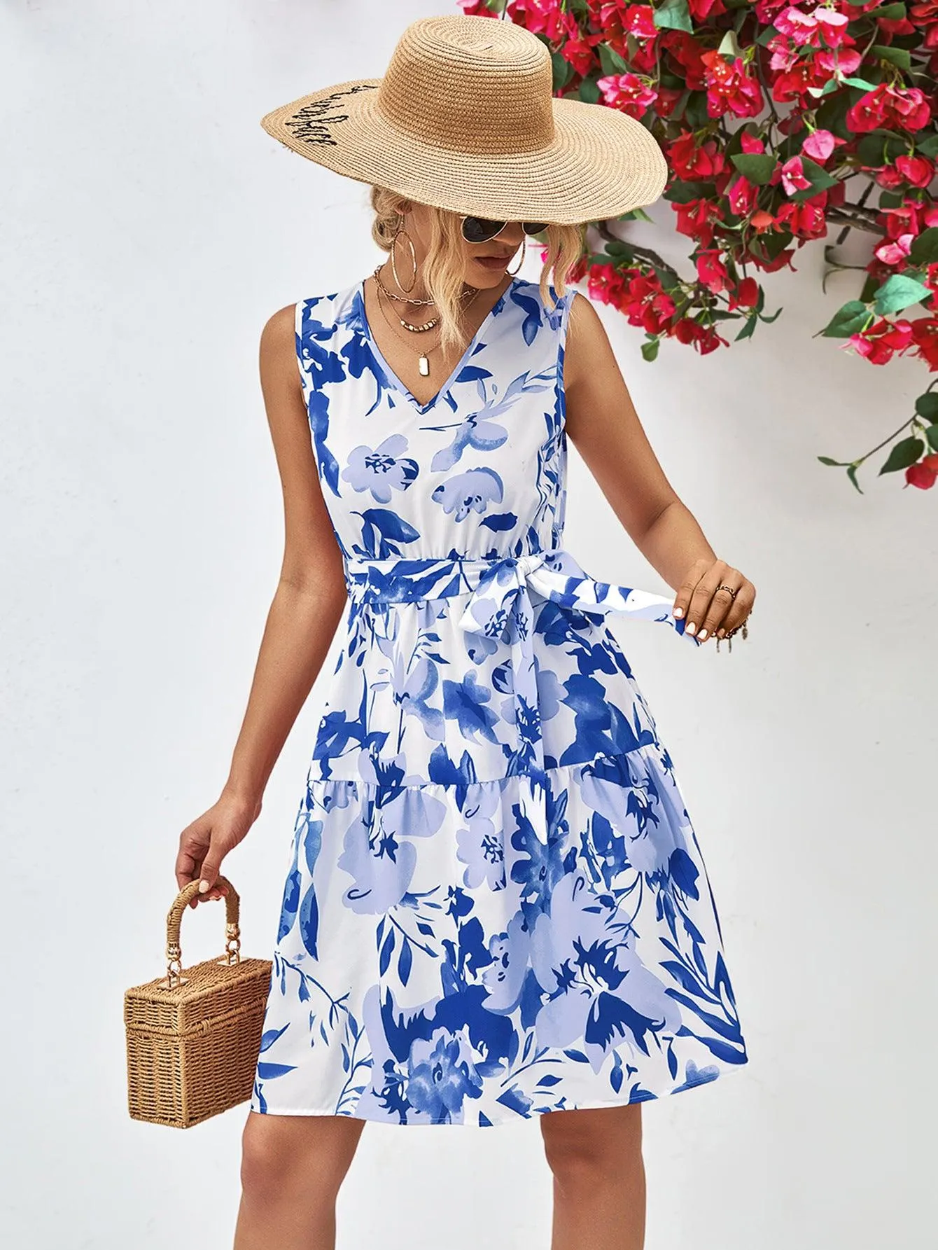 Hazel Blues® |  Floral V-Neck Tie Waist Sleeveless Dress